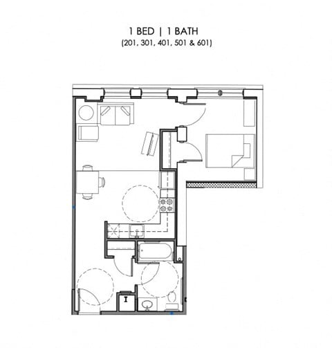 Floor plan for 1 bed, 1 bath, 520 sqft
